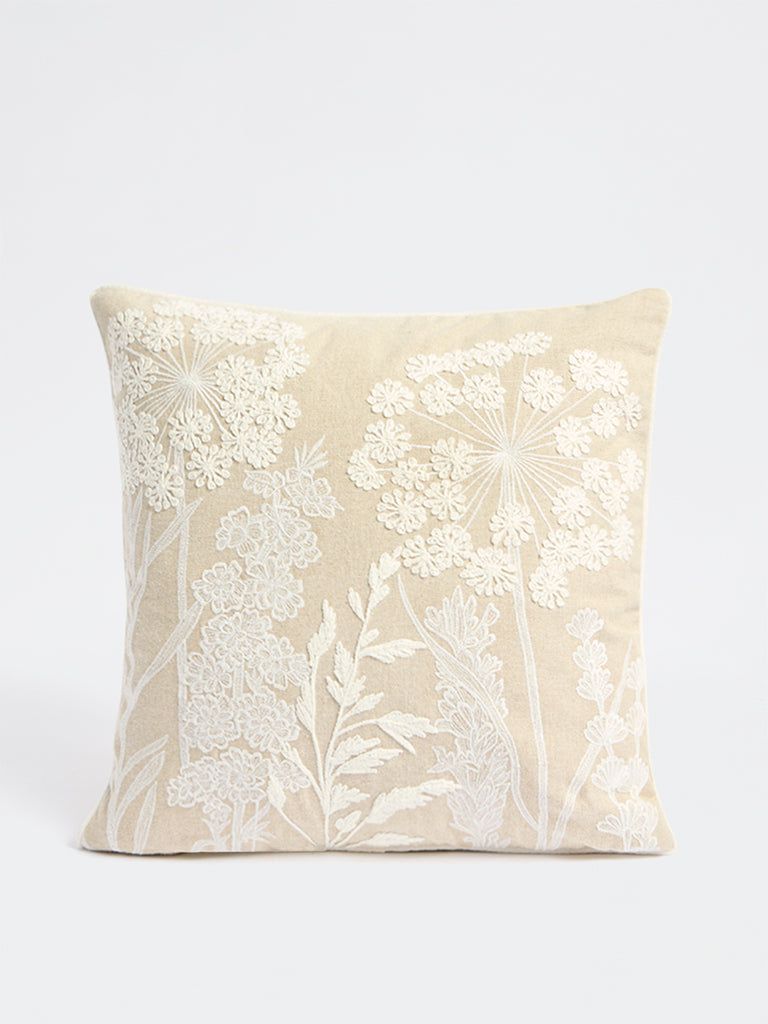 Fast Wear Beige Floral Embroidered Cushion Cover