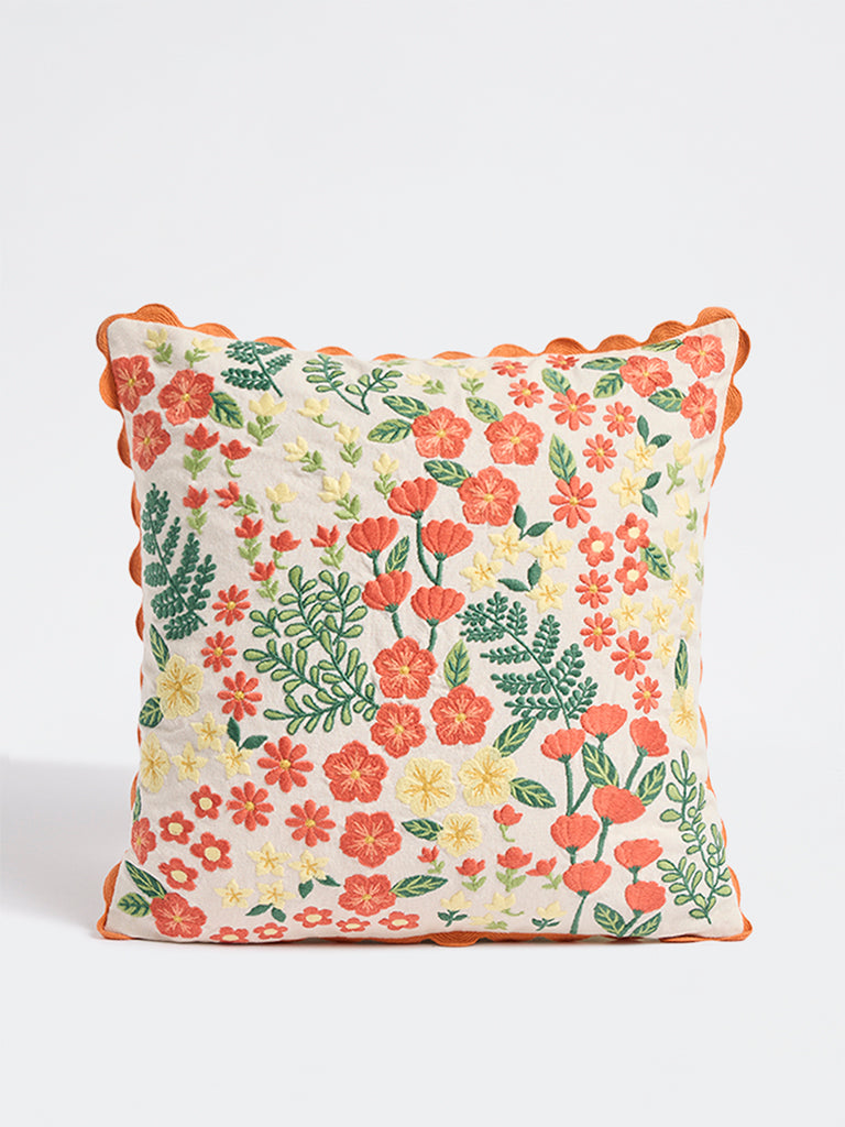 Fast Wear Orange Floral Embroidered Cushion Cover