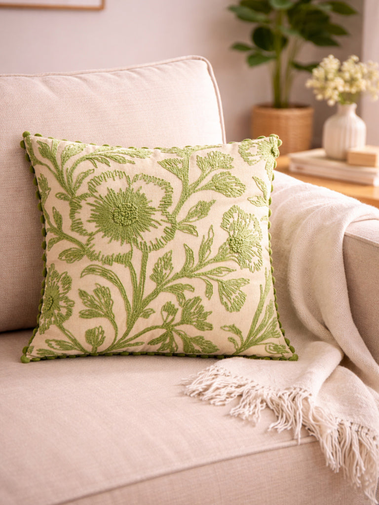 Fast Wear Green Floral Embroidered Cushion Cover