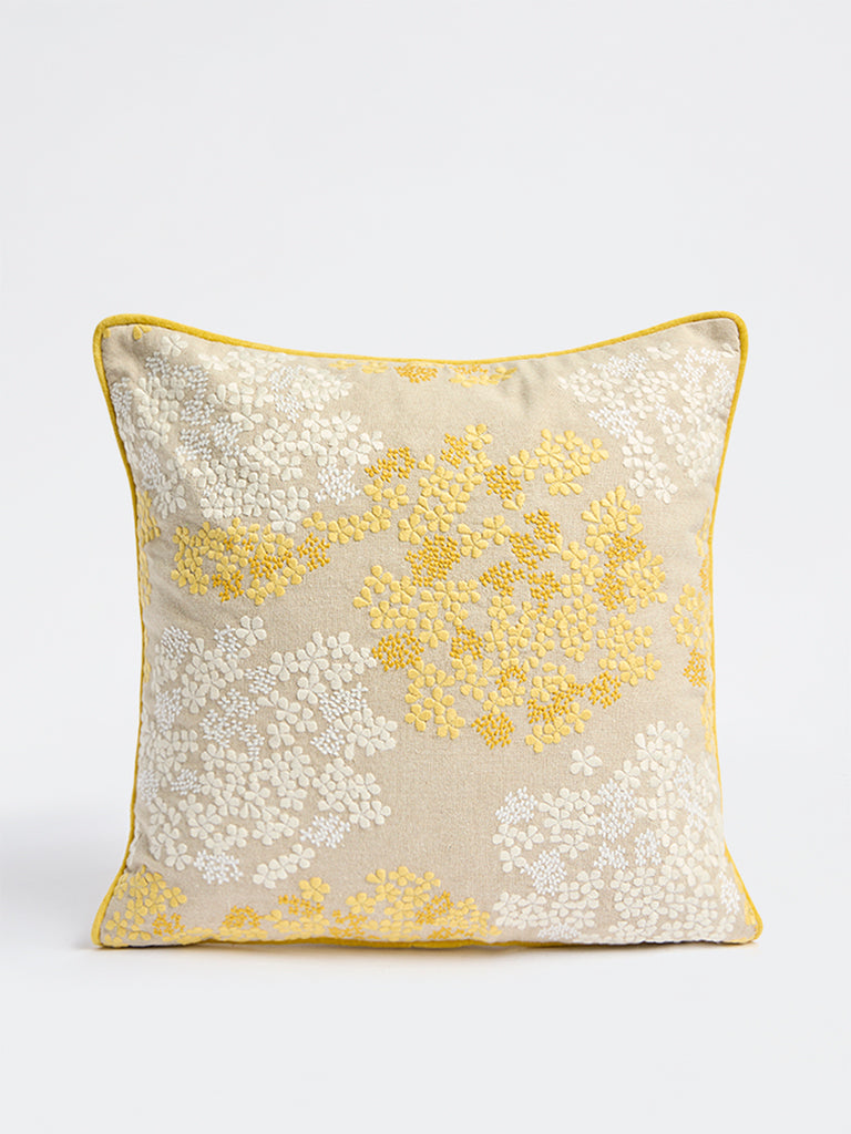 Fast Wear Beige Floral Embroidered Cushion Cover