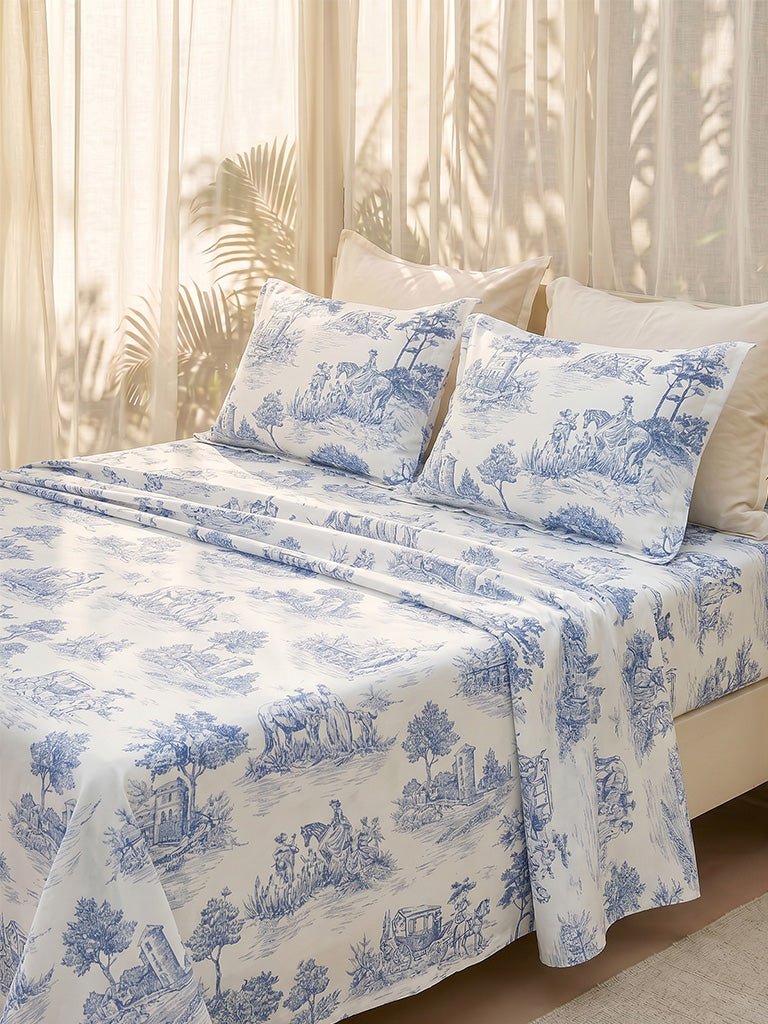 Fast Wear Blue Toile Printed Queen Bed Sheet Set