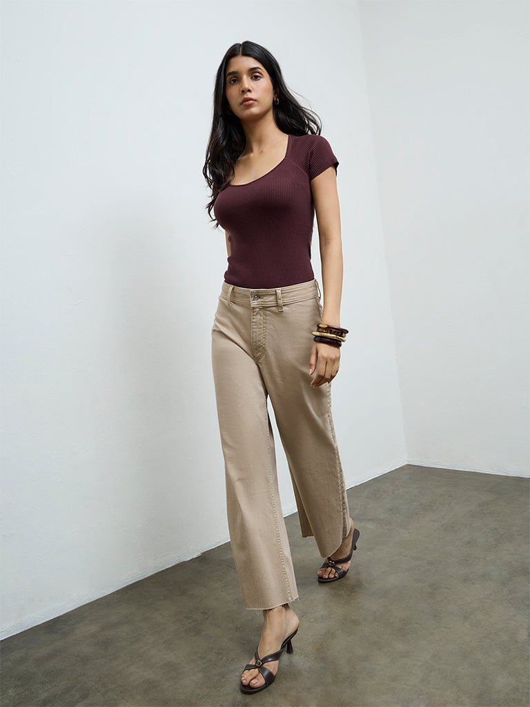Fast Wear Beige Wide-Leg High-Rise Jeans