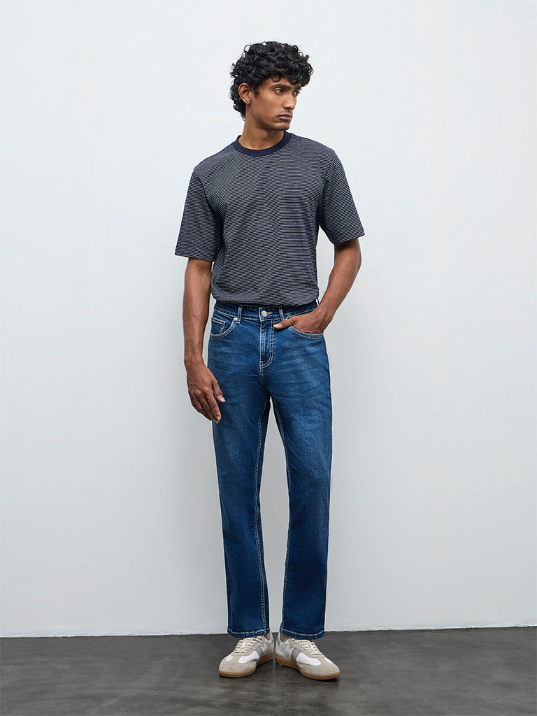 Fast Wear Dark Blue Relaxed Fit Mid-Rise Jeans