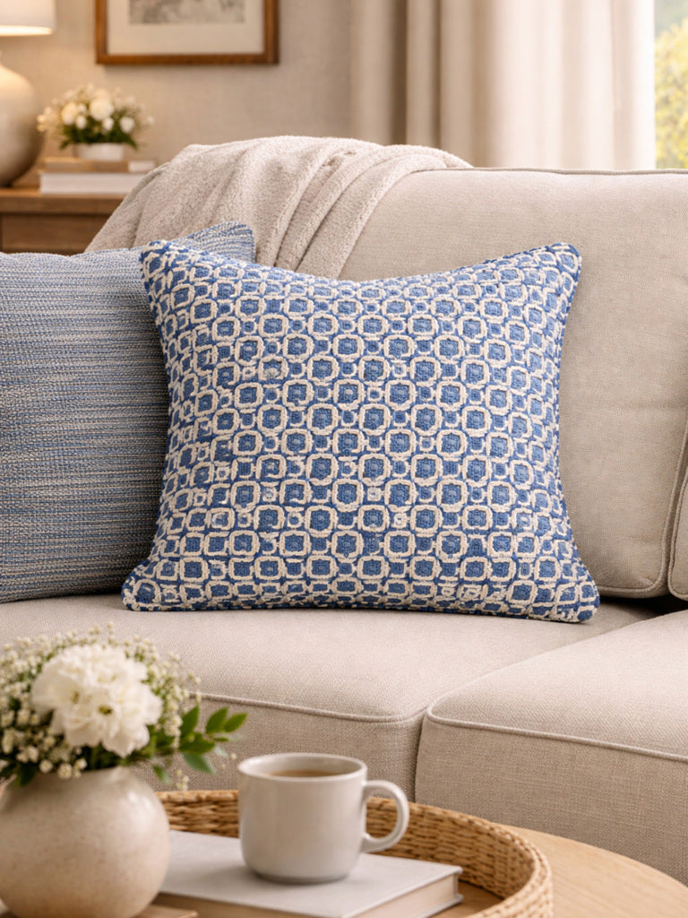Fast Wear Blue Checkered Embroidered Cushion Cover