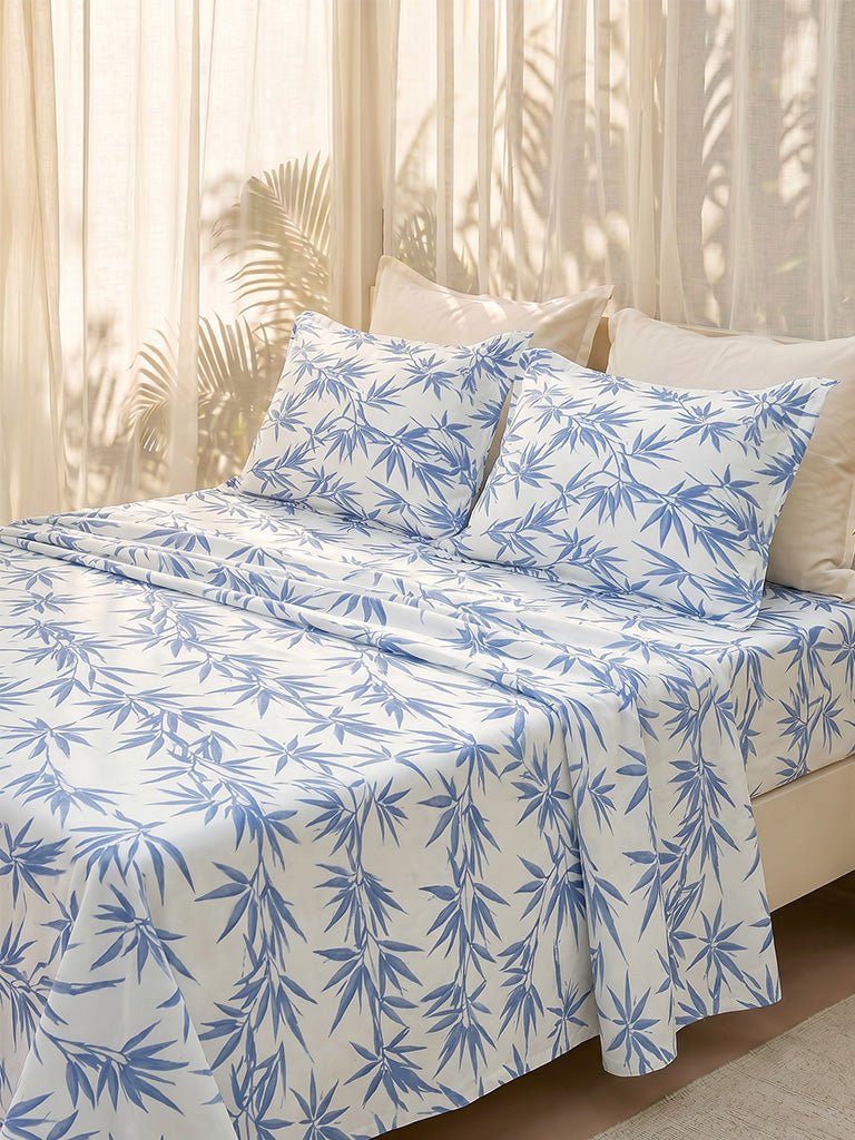 Fast Wear Blue Bamboo Leaf Printed Queen Bed Sheet Set