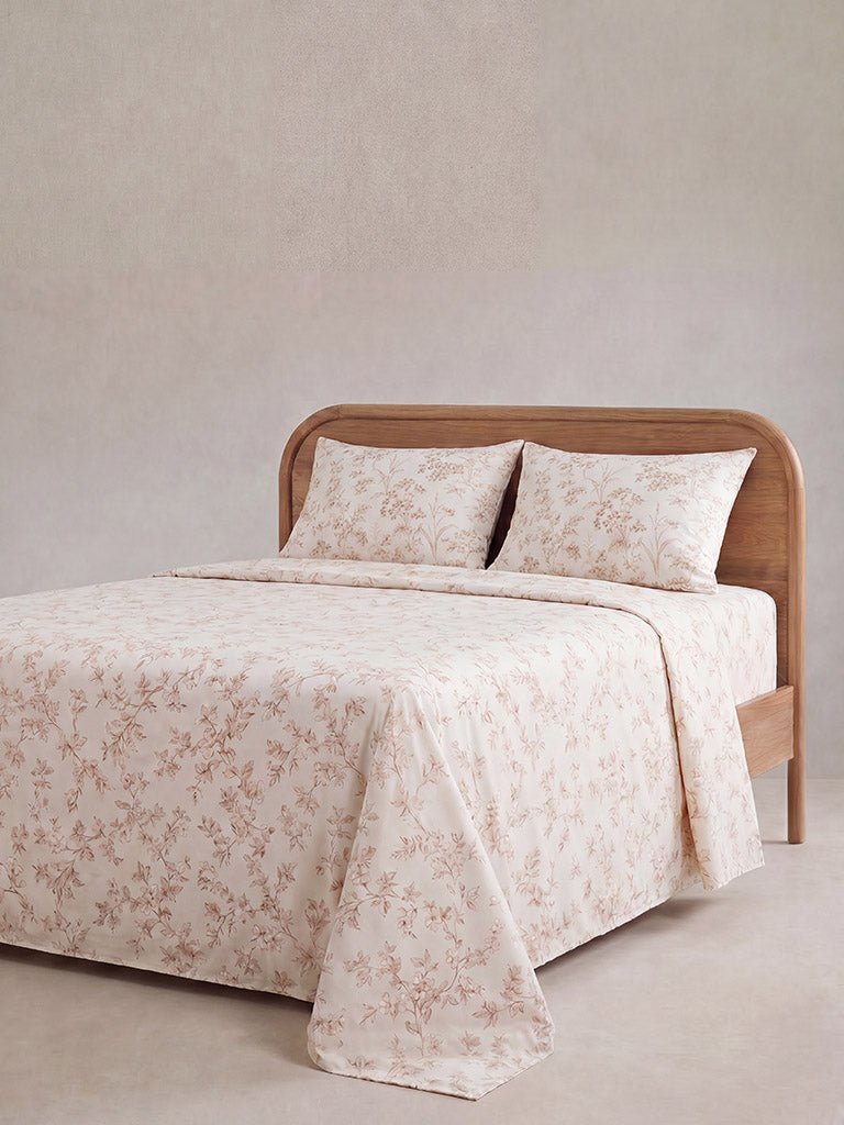 Fast Wear Brown Foliage Printed Queen Bed Sheet Set
