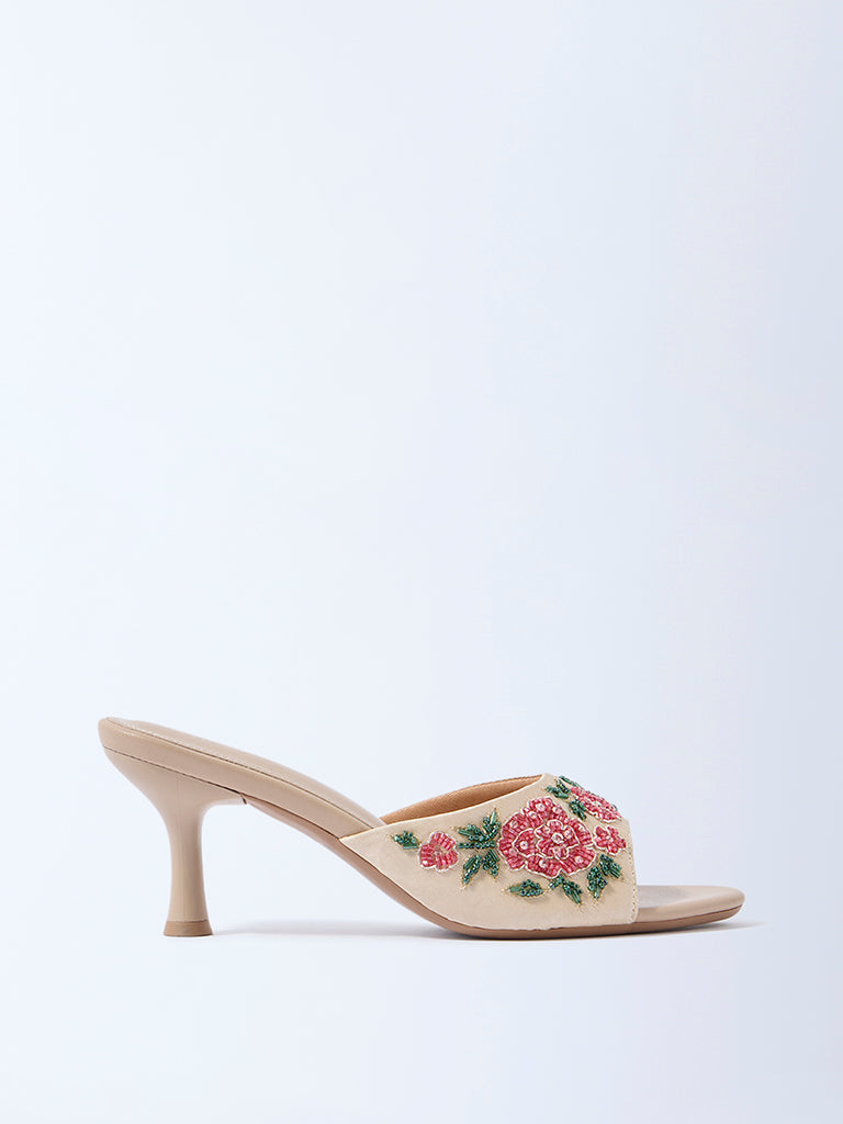 Fast Wear Beige Floral Embroidered Heel Sandals