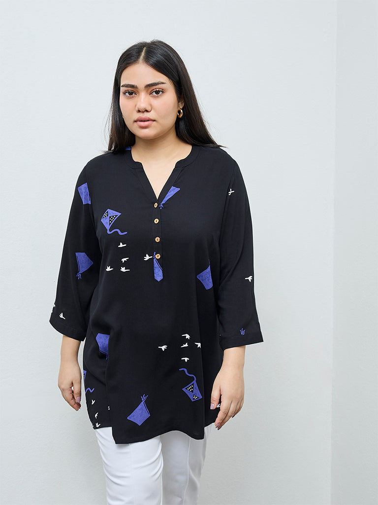 Fast Wear Black Printed A-Line Tunic
