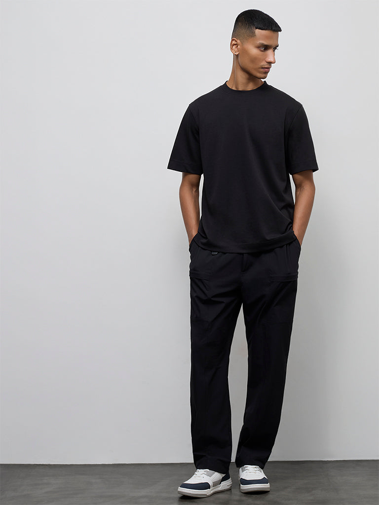 Fast Wear Black Solid Relaxed-Fit Mid-Rise Pants