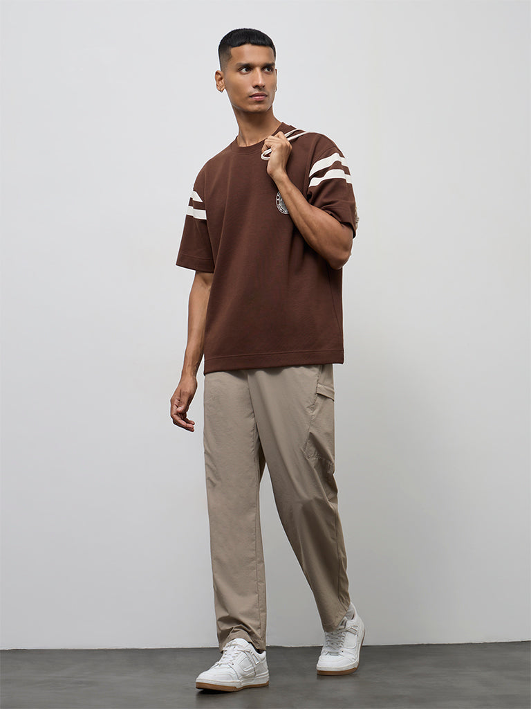Fast Wear Taupe Solid Relaxed-Fit Mid-Rise Pants