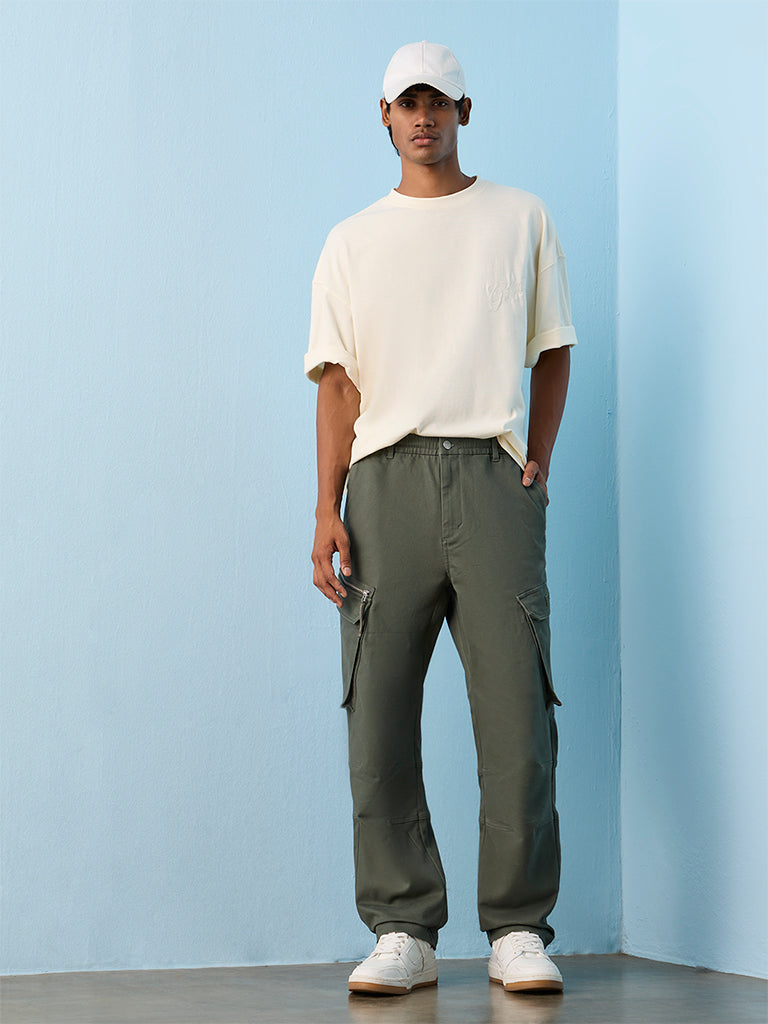Fast Wear Olive Relaxed-Fit Mid-Rise Cotton Cargo Pants