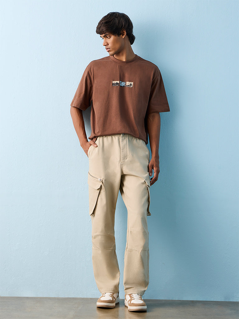 Fast Wear Light Beige Relaxed-Fit Mid-Rise Cotton-Blend Cargo Pants