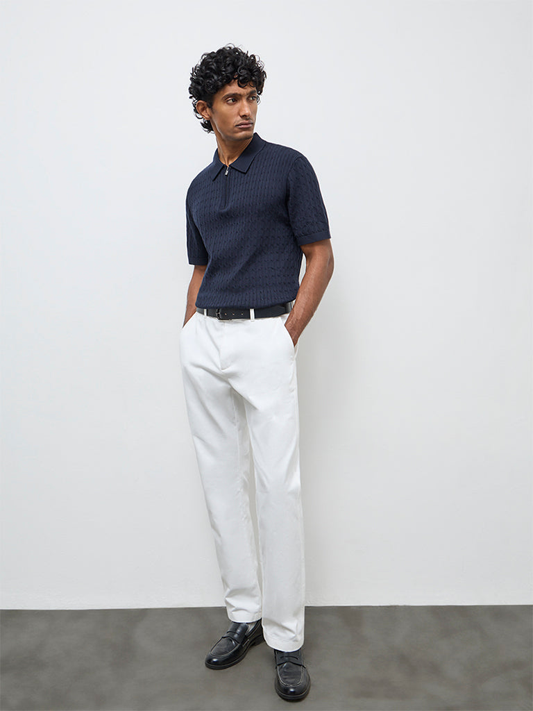 Fast Wear White Relaxed-Fit Mid-Rise Cotton Trousers