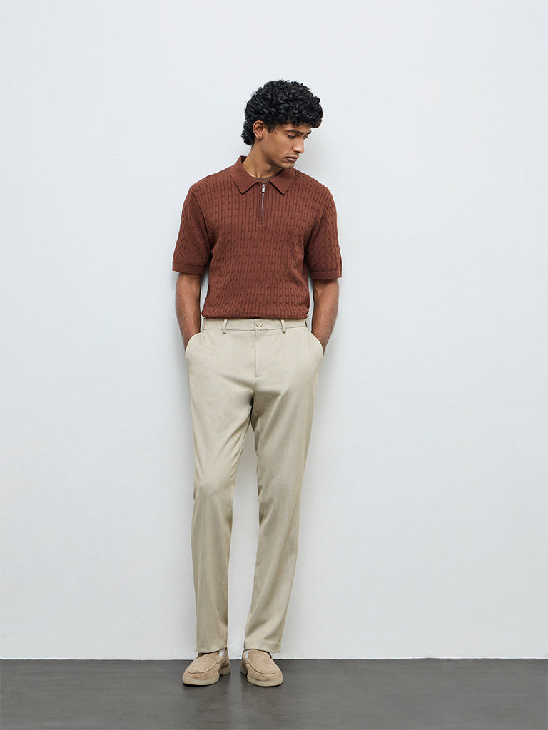 Fast Wear Beige Relaxed-Fit Mid-Rise Chinos