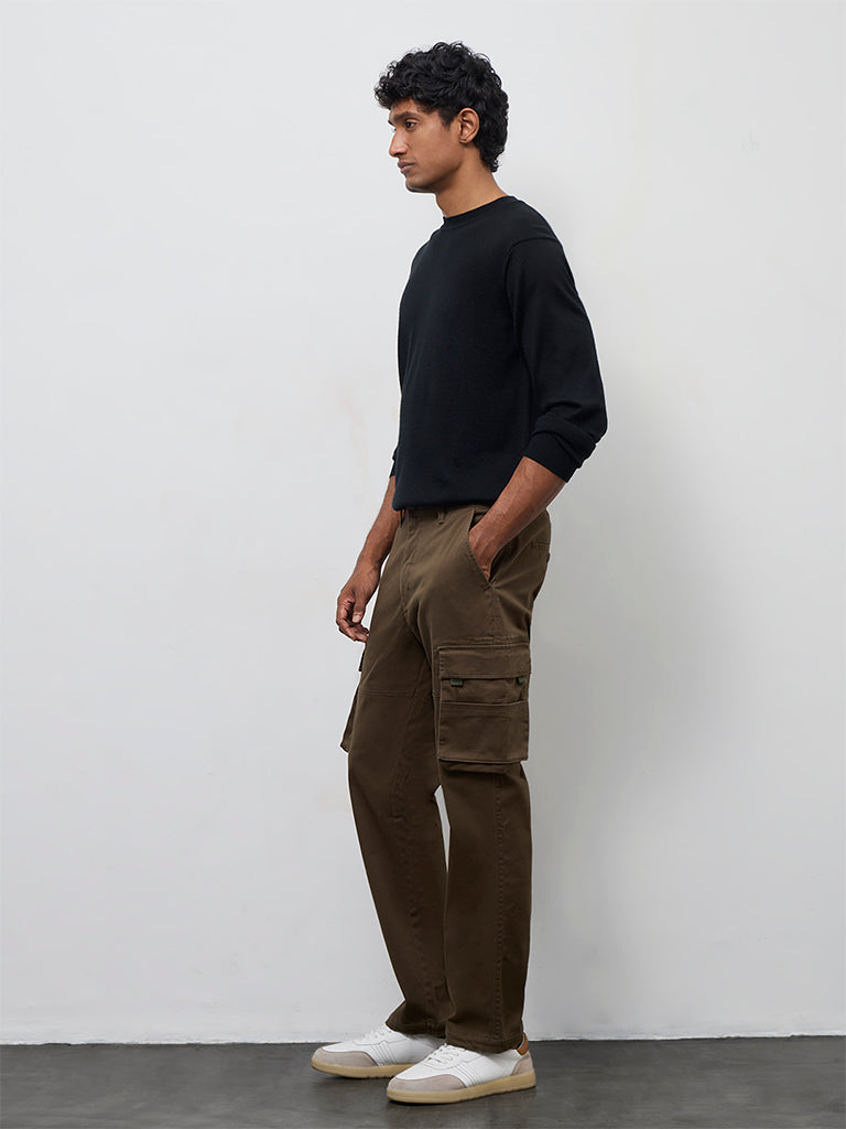 Fast Wear Dark Olive Relaxed-Fit Mid-Rise Cotton Cargo Pants