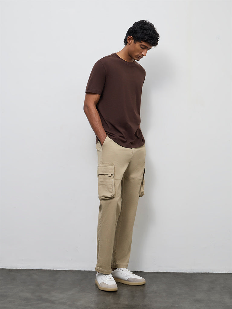 Fast Wear Taupe Relaxed-Fit Mid-Rise Cotton Cargo Pants