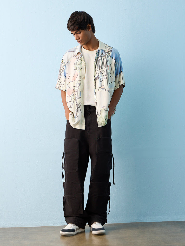 Fast Wear Black Solid Loose-Fit Mid-Rise Cotton Cargo Pants