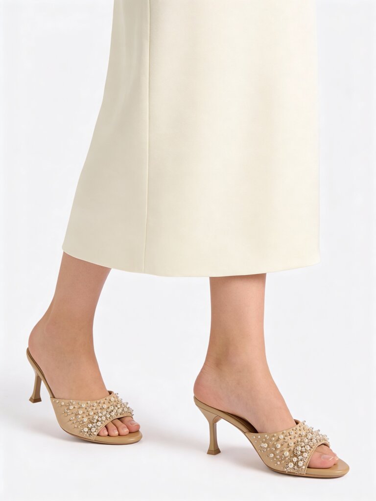 Fast Wear Beige Pearlescent Heel Sandals