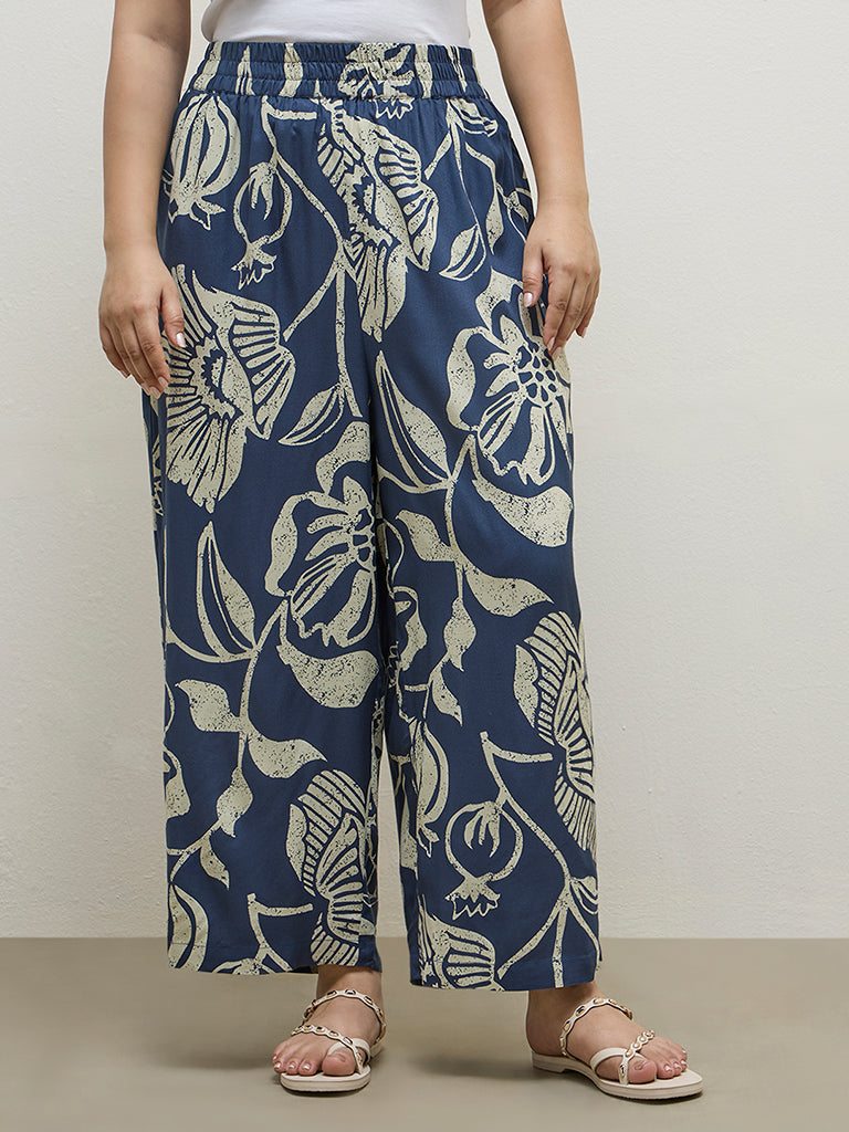 Fast Wear Blue Botanical Printed Palazzos