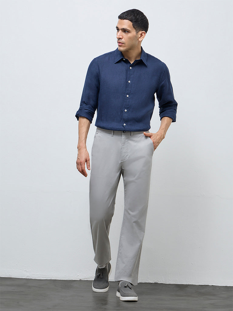 Fast Wear Grey Solid Relaxed-Fit Mid-Rise Cotton-Blend Trousers