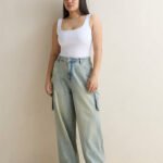Fast Wear Blue Washed Cargo-Style High-Rise Jeans