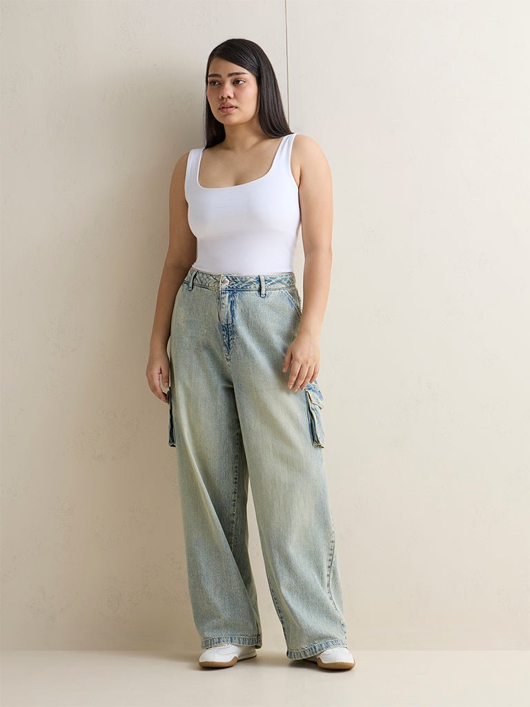 Fast Wear Blue Washed Cargo-Style High-Rise Jeans
