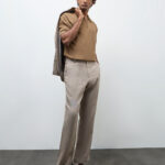 Fast Wear Taupe Checkered Relaxed-Fit Mid-Rise Linen Trousers