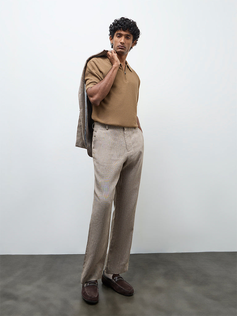 Fast Wear Taupe Checkered Relaxed-Fit Mid-Rise Linen Trousers