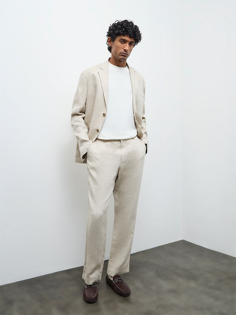 Fast Wear Light Beige Relaxed-Fit Mid-Rise Trousers