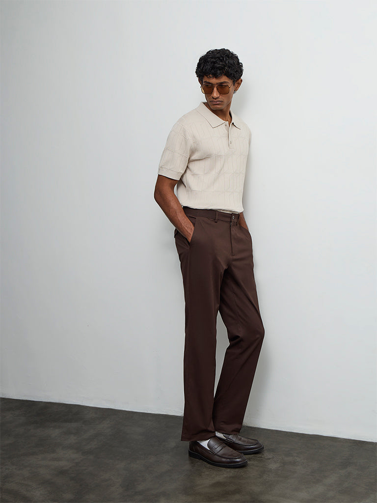 Fast Wear Brown Relaxed-Fit Mid-Rise Cotton-Blend Trousers