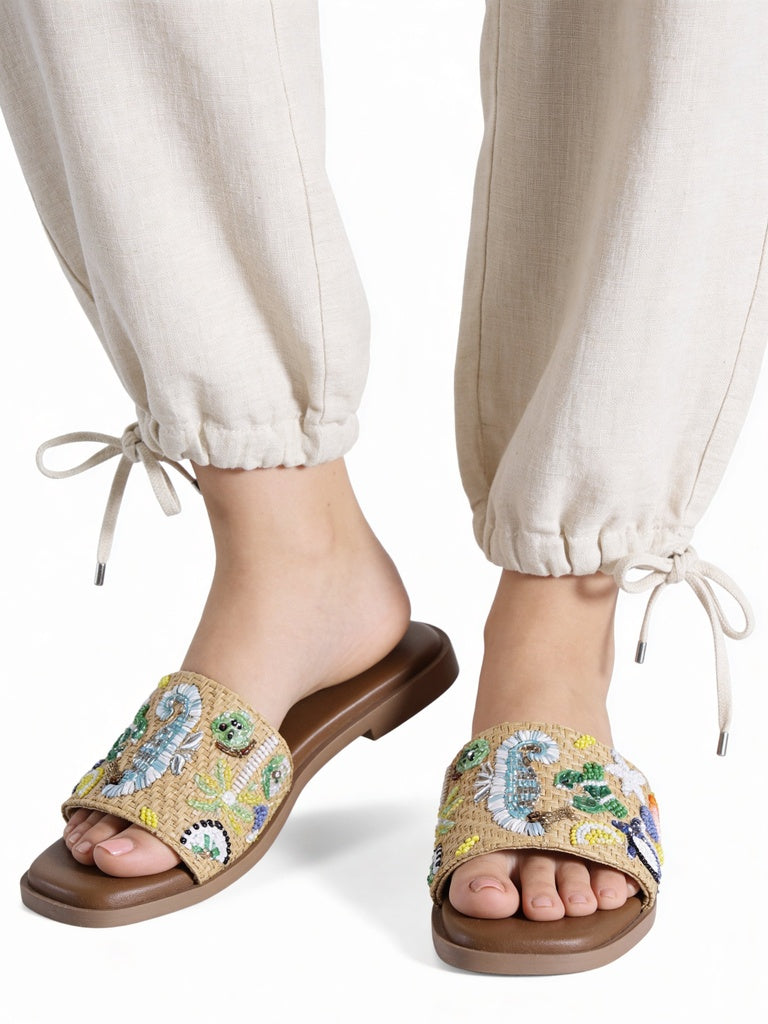 Fast Wear Multi-Colored Embroidery Flat Sandals