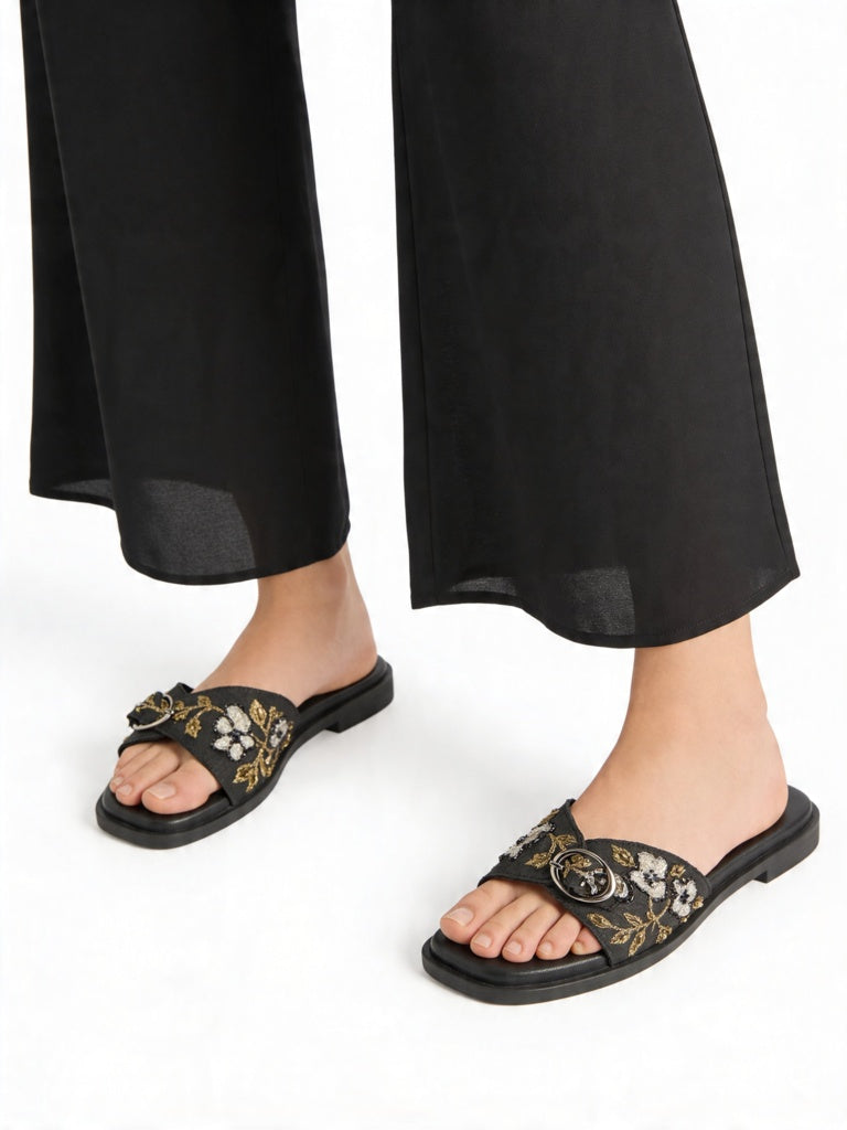 Fast Wear Black Floral Embroidered Slides