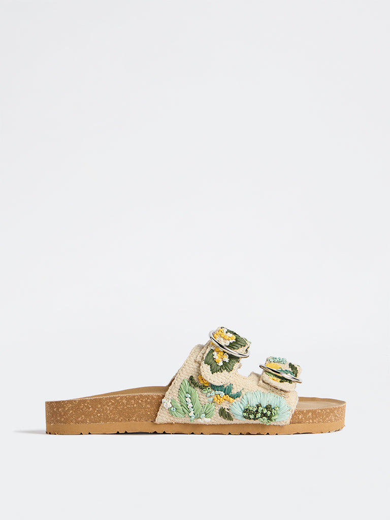 Fast Wear Green Embroidered Dual-Strap Sandals