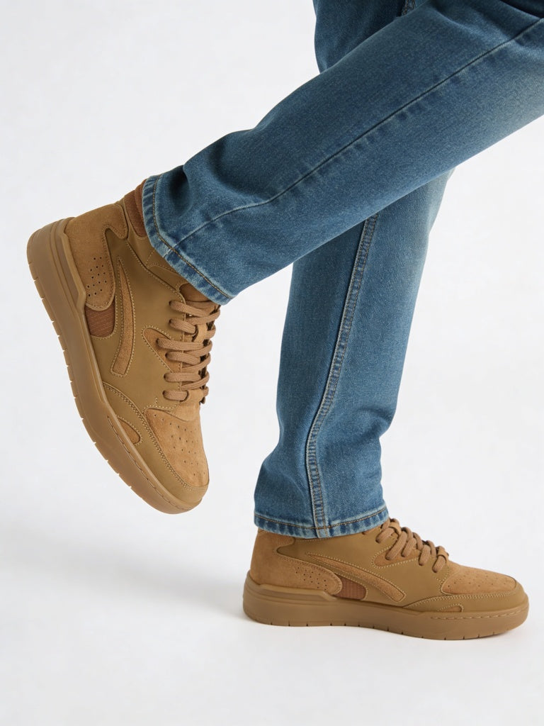 Fast Wear Tan Peforated Suede Lace-Up Sneakers