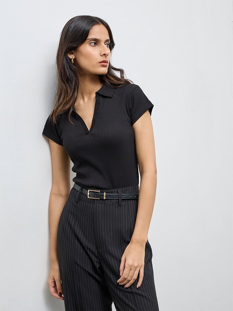 Fast Wear Black Ribbed Cotton-Blend T-Shirt