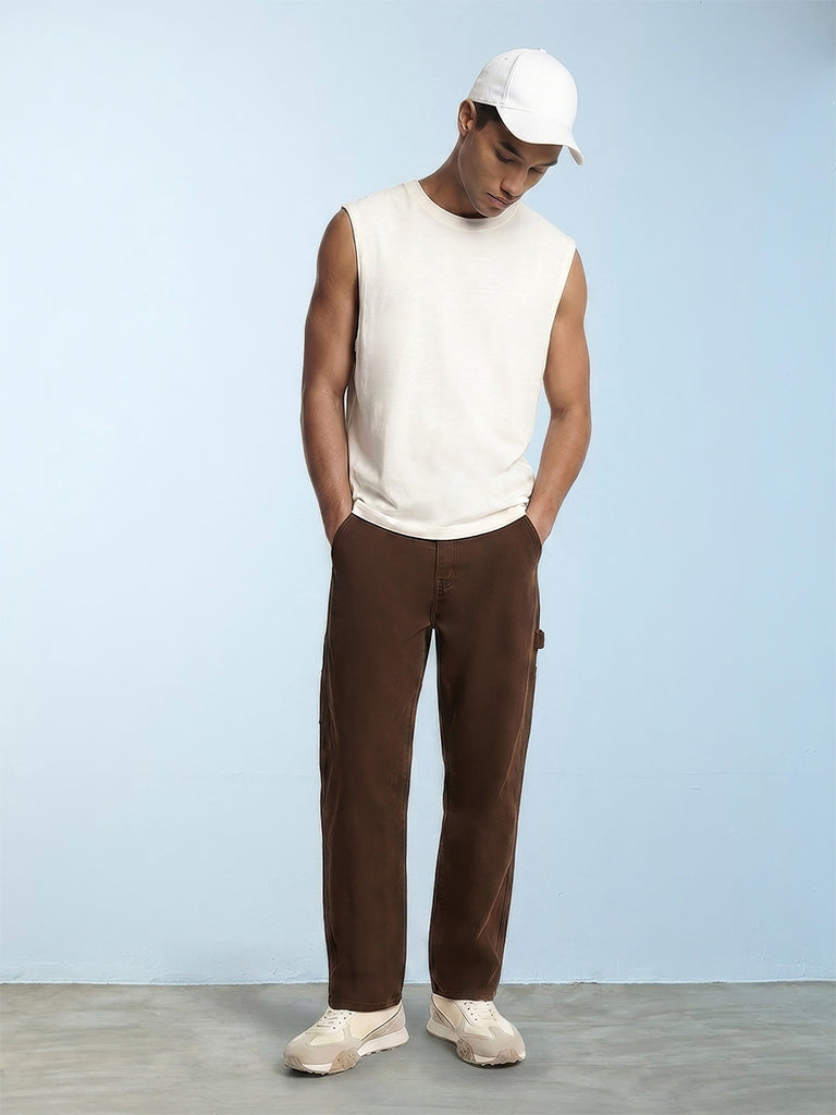 Fast Wear Dark Brown Relaxed-Fit Mid-Rise Jeans