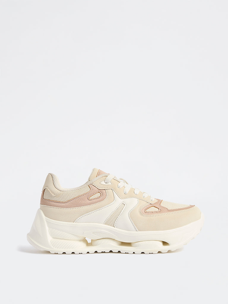 Fast Wear Beige Mesh-Detailed Lace-Up Sneakers