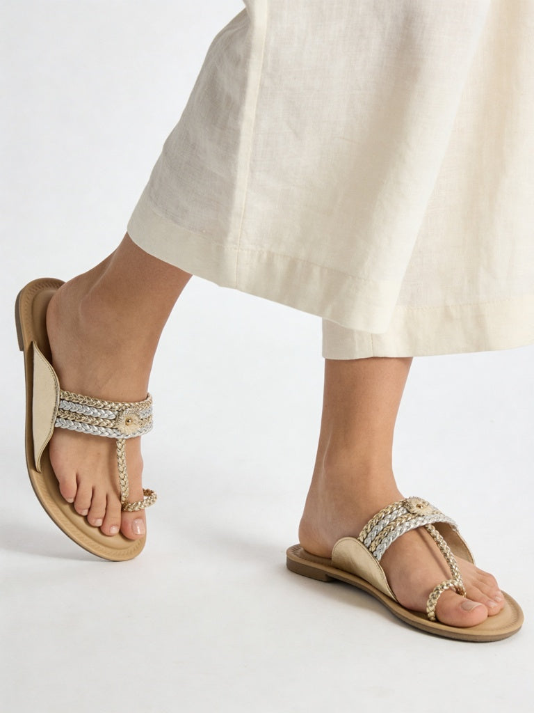 Fast Wear Silver and Gold Braided Strap Kolhapuri Sandals