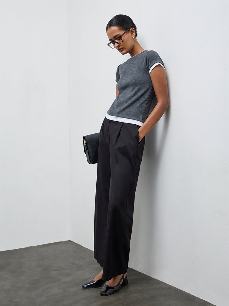Fast Wear Grey Ribbed-Textured T-Shirt