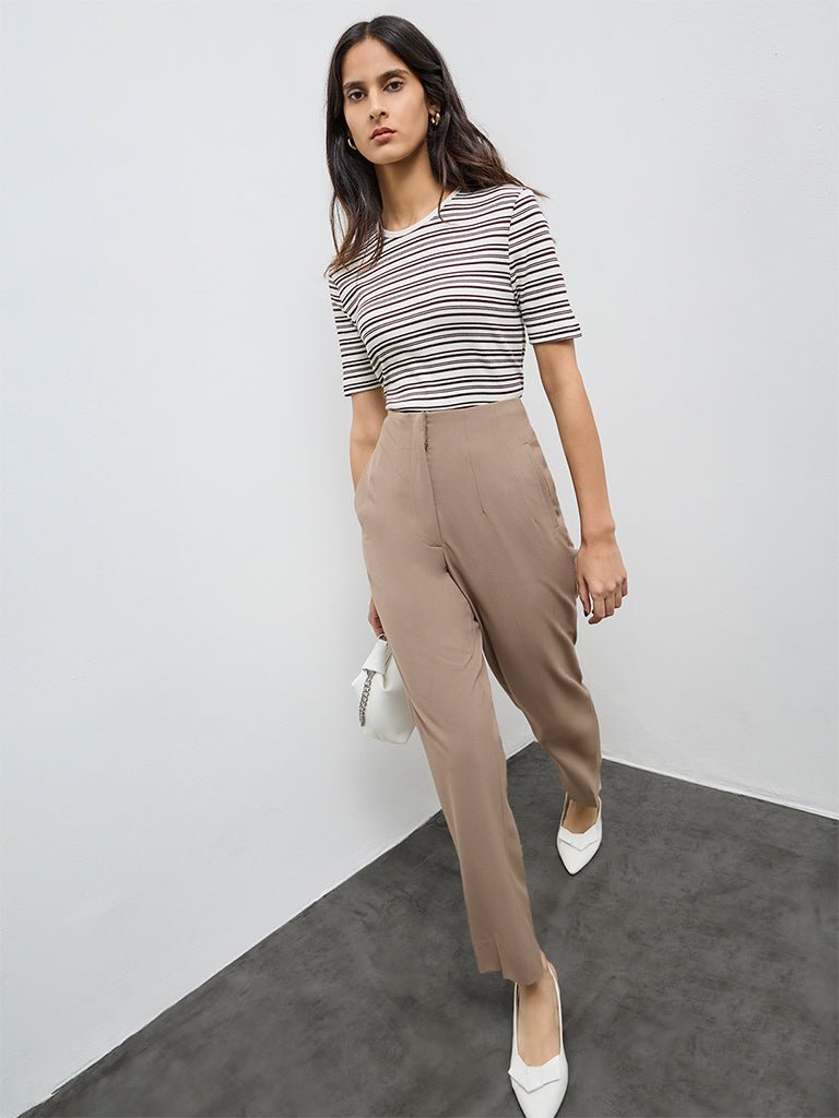 Fast Wear Brown Striped Cotton-Blend T-Shirt