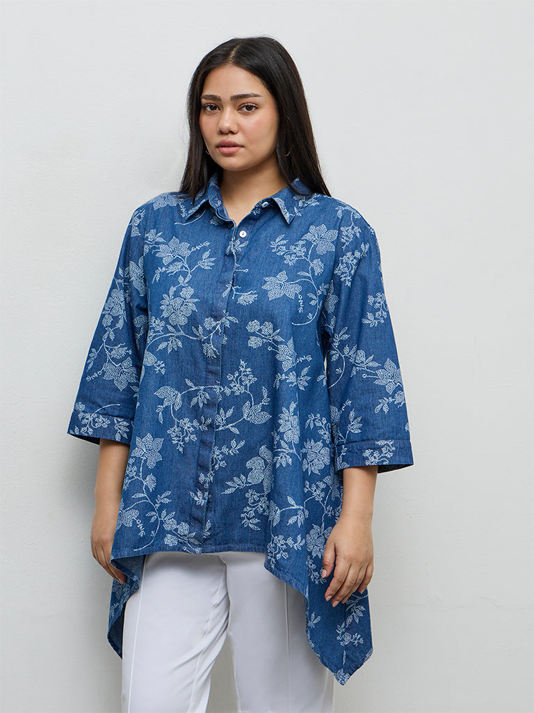 Fast Wear Blue Floral Printed Denim Tunic