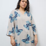 Fast Wear Beige Butterfly Printed High-Low Tunic