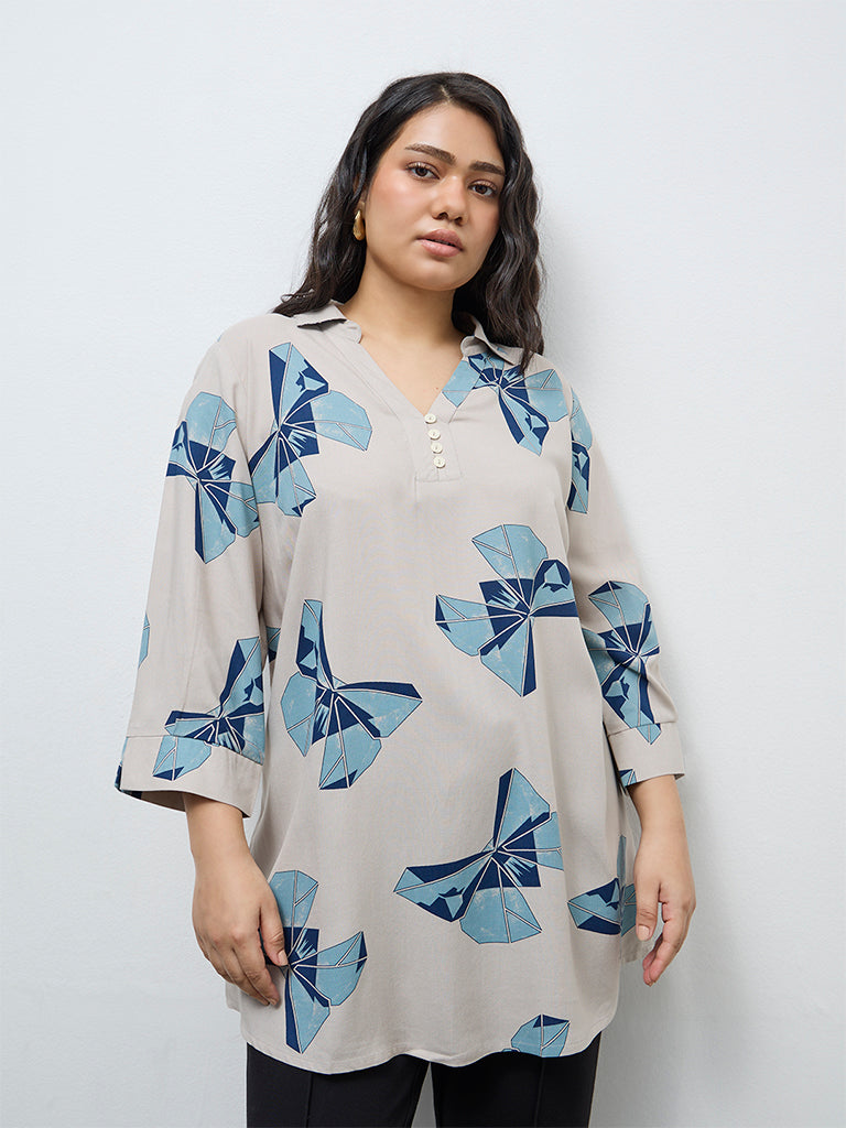 Fast Wear Beige Butterfly Printed High-Low Tunic