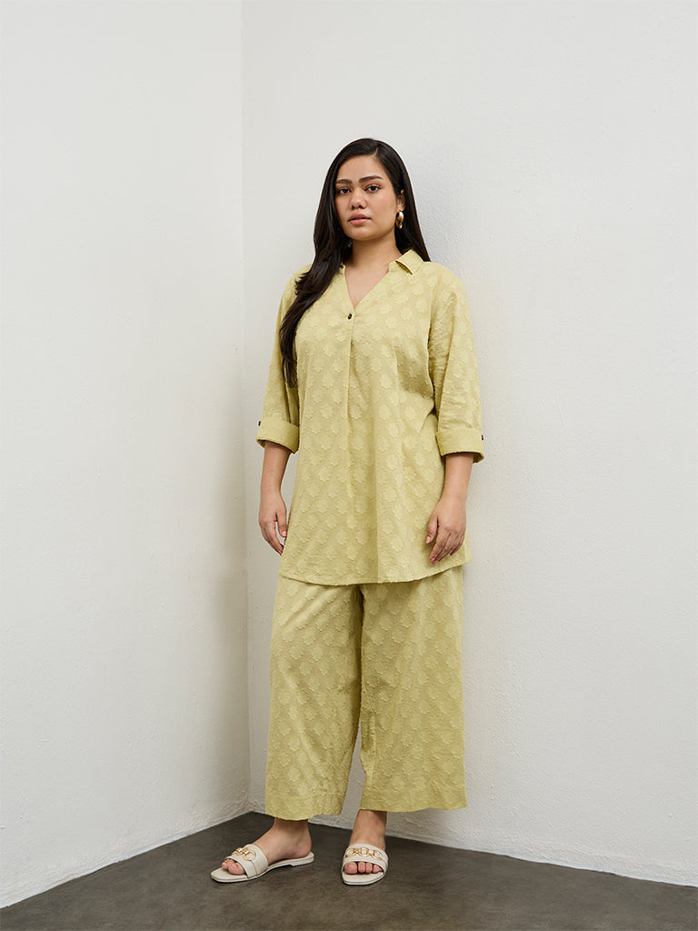 Fast Wear Lime Floral Textured A-Line Cotton Tunic