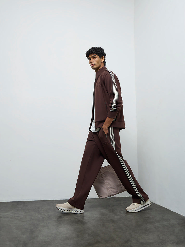 Fast Wear Dark Brown Striped Relaxed-Fit Mid-Rise Track Pants