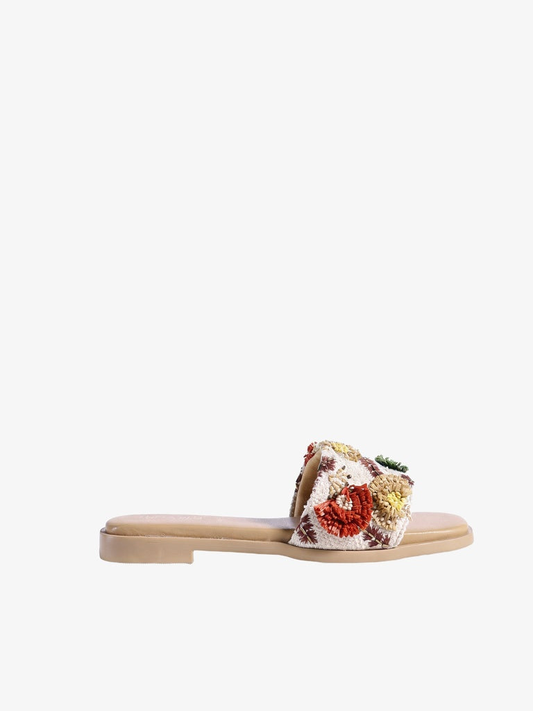 Fast Wear Beige Floral Embroidered Slip-On Slides