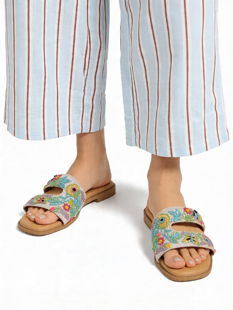 Fast Wear Ivory Floral Embroidered Slip-On Sandals