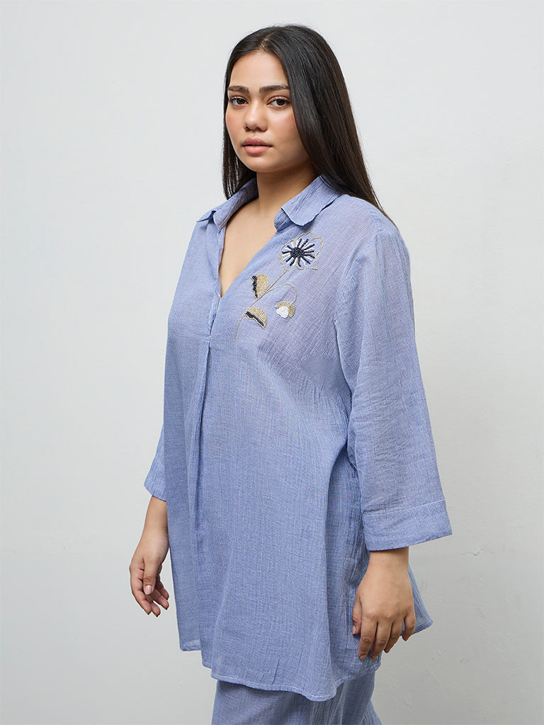 Fast Wear Blue Floral Embellished Cotton Tunic
