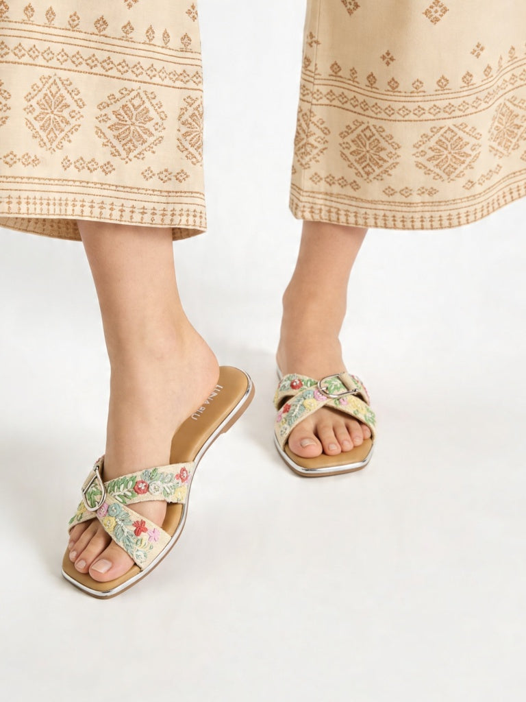 Fast Wear Multicolor Floral-Embroidered Cross-Strap Slides