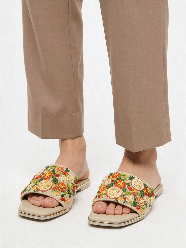 Fast Wear Multicolor Floral-Embroidered Square Toe Slides
